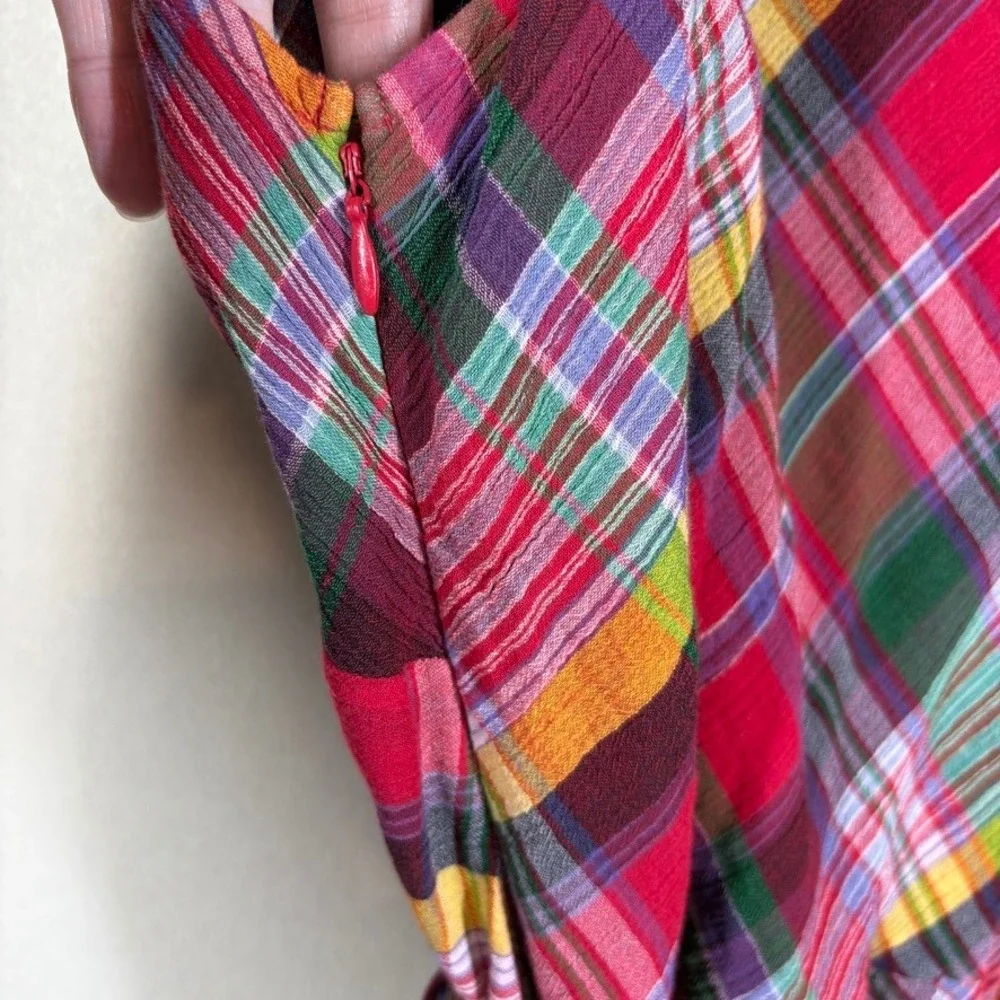 Lauren Ralph Lauren Plaid Crinkle Cotton A-Line Dress Sz 10 Preppy Heritage FLAW